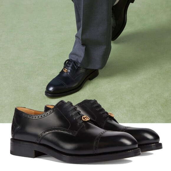 GUCCI SHOES MENS ROOSTER BROGUE BLACK LEATHER DURBY LACE-UP sz 10.5 US 11 - Picture 1 of 15
